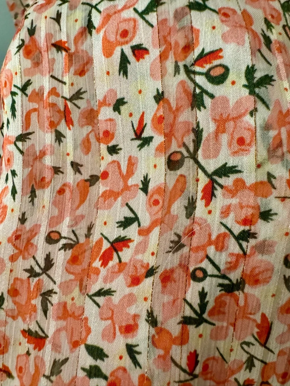 Anthropologie W5 Pink Peach Floral Smocked Puff-Sleeve Semi-Sheer Blouse Large
